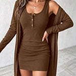 Women's 2-Piece Knit Set Henley Bodycon Tank Dress with Matching Mid-length Cardigan with Pockets