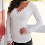 Women's Ribbed Knit Top French V Neck Lace Trim Long Sleeve Shirt Slim Fit Elastic Blouse