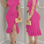 Cold Shoulder Beaded Slit Bodycon Dress Ruffle Hem Zipper Back Party Dress