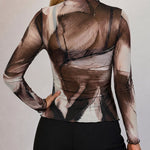 Women's Sheer Mesh Tie Dye Print Mock Neck Frill Trim Long Sleeve Top
