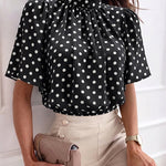 Women's Mock Neck Chiffon Blouse Polka Dot Ruched Elegant Flared Sleeve Top Casual Office Commute Shirt