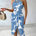 Women's Tropical Palm Leaf Print Halter Tie Midi Dress Sexy Hollow Out Ruched Slit Summer Vacation Dress