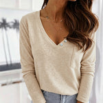Women's V-Neck Button Decor Knit Top Long Sleeve Slimming Tee with Chest Pocket Casual Soft Pullover
