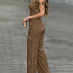 Women's Glitter Textured Two Piece Outfits Plisse Skew Neck Ruched Top and High Waisted Straight Leg Pants Set