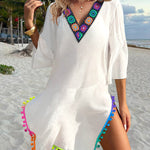 Women's V Neck Beach Cover Up Pom Pom Trim Side Slit Sheer Caftan Causal Three Quarters Sleeve Swimwear