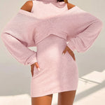 Women's 2 Piece Knit Dress Set Mock Neck Sleeveless Bodycon Mini Dress and Crop Sweater