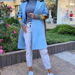 Color Block Long Trench Coat Single Breasted Detachable Fuzzy Leopard Pattern Lapel Overcoat