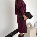 2 Pieces Outfit Skew Neck Batwing Sleeve Top and Side Slit Skirt Set Casual Ribbed Set
