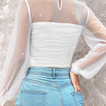 Pearls Decor Mock Neck Sheer Mesh Spliced Ruched Tee Hollow-out Back Slim Fit Textured Top