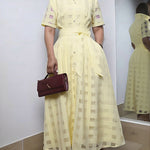 Women's Sheer Plaid Maxi Dress Short Sleeve Double Layer Swing Vacation Dress Elegant Flowy A Line Dress with Belt