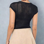 Round Neck Cap Sleeve Semi-Sheer Minimalist Slim Fit Top