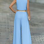 2 Pieces Outfit V-Neck Shoulder Bowknot Design Sleeveless Tank Top and Casual Zipper Fly Elastic Back Waist Wide Leg Pants Set without Belt
