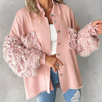 Sequin Decor Turn-down Collar Button Front Pockets Design Denim Coat Casual Fuzzy Spliced Raw Trim Shacket