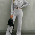 Women's 2 Piece Ribbed Knit Outfits Button Down Top and Straight Leg Pants Set Casual Loungewear Matching Tracksuit