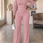 2 Pieces Outfit O-neck Long Sleeve Cinched Waist Sweatshirt and Elastic Waist Wide Leg Pants Set Casual Seam Design Sweatpants Set