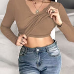 Chicme Built In Bra Notch Neck Long Sleeve Shirts Rib Knit Ruched Waist Top