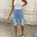 Women's Colorful Rhinestone Ripped Denim Shorts High Waisted Raw Hem Y2K Washed Jean Shorts