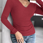 Chicme Built In Bra Notch Neck Long Sleeve Shirts Rib Knit Ruched Waist Top