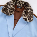 Color Block Long Trench Coat Single Breasted Detachable Fuzzy Leopard Pattern Lapel Overcoat