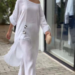 2 Pieces Outfit Button Decor One Shoulder Turn-Up Sleeves Slit Raw Edges Top and Casual Drawstring Elastic Waist Wide Leg Pants Set
