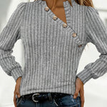 Button Decor Asymmetrical V-Neck Long Sleeve Ribbed Tee Casual Knit Brushed Top