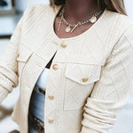 Women's French Style Cropped Jacket Round Neck Gold Button Coat Argyle Cable Jacquard Knit Outerwear