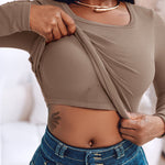 Built In Bra U Neck Tee High Stretchy Knit T-Shirt Long Sleeve Top