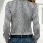 Button Decor Asymmetrical V-Neck Long Sleeve Ribbed Tee Casual Knit Brushed Top
