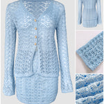 2 Pieces Outfit Deep V Neck Flare Sleeve Half Pearl Button Front Slit Top And Elastic Waist Skirt Set Casual Slim Fit Knit Set