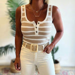 Women's Striped Henley Tank Top Sleeveless U-Neck Backless Contrast Knit Top