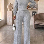 2 Pieces Outfit O-neck Long Sleeve Cinched Waist Sweatshirt and Elastic Waist Wide Leg Pants Set Casual Seam Design Sweatpants Set