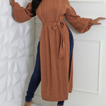 Cable Textured High Neck Lantern Sleeve Bow Tie Waist Sweater Casual High Slit Knit Longline Top