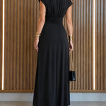 Women's Boat Neck Ruched Maxi Dress Gold Buckle Cap Sleeve Formal Evening Gown