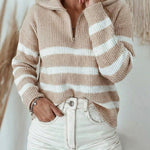 Women's Half Zip Striped Sweater Colorblock Turn-down Collar Knit Pullover Drop Shoulder Loose Fit Top