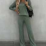 2 Pieces Outfit Button Decor V-Neck Long Sleeve Top and Elastic Waist Straight Leg Pants Set Casual Ribbed Set