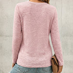 Women's Pleated V Neck T-Shirt Long Sleeve Button Decor Tee Casual Layering Top