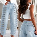 Women's Barrel Jeans High Waisted Side Button Denim Pants Distressed Washed Baggy Trousers Retro Y2K Streetwear