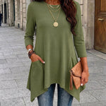 Women's Ribbed Asymmetrical Hem Top Crewneck Three Quarters Sleeve A-Line Casual Top