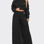 3 Pieces Outfits Cozy Comfort Glitter Long Sleeve Longline Coat and Cropped Ribbed Knit Tank Wide Leg Pants Set