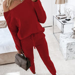2 Pieces Outfit Long Sleeve Skew Neck Pullover Top and Drawstring Elastic Waist Slim Fit Pants Set