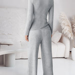 Women's Ribbed Knit Lounge Set Lace Trim Square Neck Long Sleeve Top and Straight Leg Drawstring Pants with Pockets
