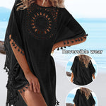 Women's Front & Back Reversible Beach Cover Up Crochet Lace Hollow Out Spliced Tassel Vacation Caftan Dress