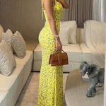 Ditsy Floral Print U-Neck Self Tie Spaghetti Straps Mermaid Hem Maxi Dress Slim Fit Ruched Tied Detail Vacation Dress