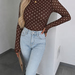 Women's Mesh Polka Dot Top Lined Sheer Long Sleeve Tee Crewneck Slim Fit Layering Under Base Top with Thumbholes