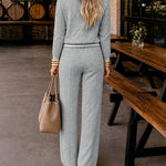 Women's 2 Piece Cable Knit Tracksuit Baseball Collar Crop Coat and High Waist Pants Set