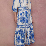 Loose Puff Sleeves Floral Printed Pleated Split-Joint Tied Waist Lapel Maxi Dresses Shirt Dress