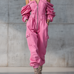 Stylish And Modern Long-sleeved Strappy Tapered Legs Pink Denim Jumpsuit