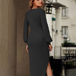 Sexy Drawstring V Neck Slit Long Sleeve Dress