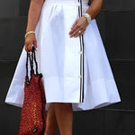 A-Line Half Sleeves Buttoned Contrast Color Pleated Notched Collar Midi Dresses