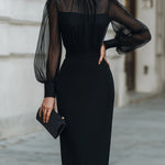 High-Neck Sheer Sleeve Tailored Midi Dress